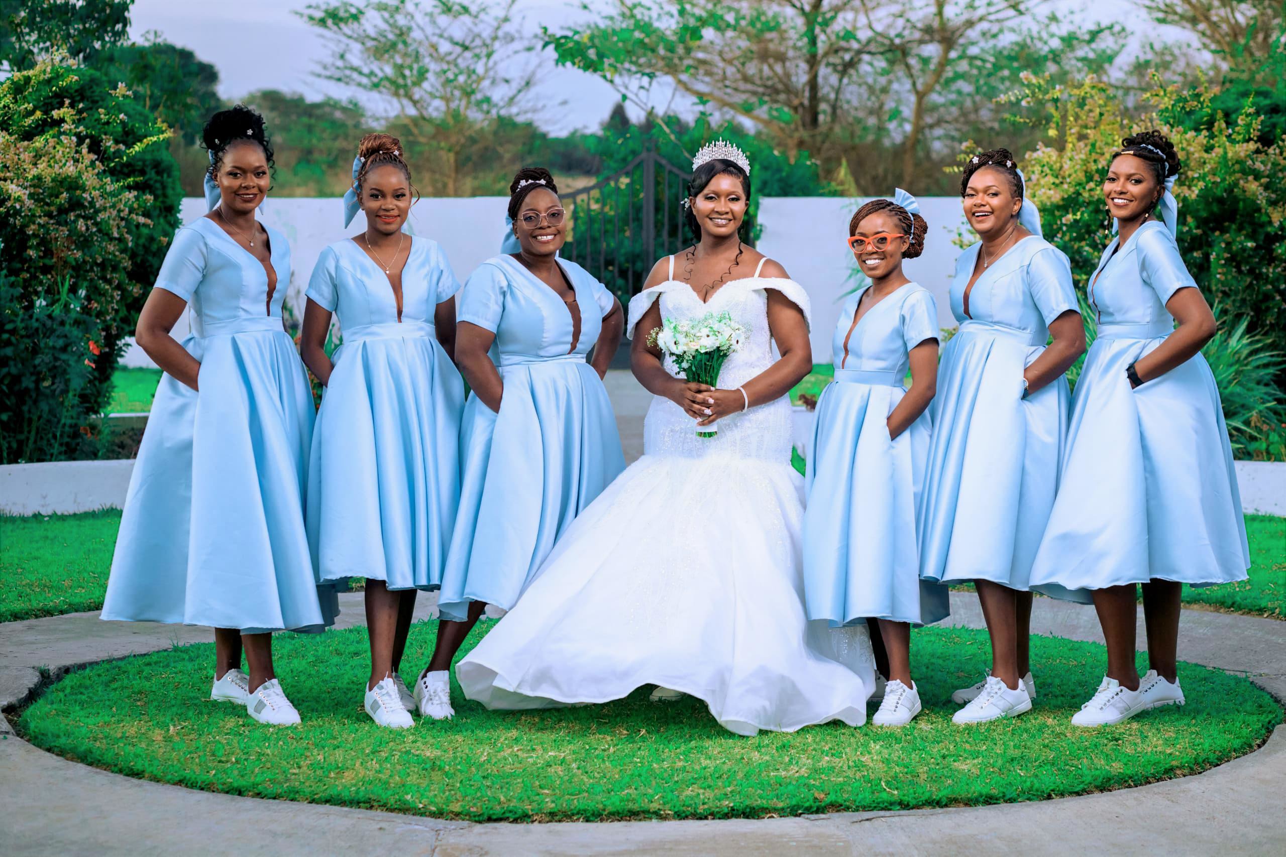 Maids and bride in coordinated designs